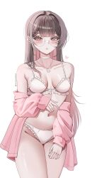 1girl absurdres among_us blush bra breasts brown_hair chaisia_art choker collarbone colored_inner_hair commentary english_commentary frilled_bra frilled_panties frills green_eyes groin hair_between_eyes hair_ornament hairpin heart highres jacket jewelry lingerie lips medium_breasts multicolored_hair necklace off_shoulder original panties pink_(among_us) pink_hair pink_jacket pink_nails round_eyewear simple_background solo thighhighs underwear white_background white_choker