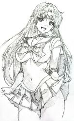 1girl absurdres bishoujo_senshi_sailor_moon black_hair brooch choker circlet collarbone covered_navel earrings elbow_gloves gloves heart heart_brooch highres hino_rei i4teruz jewelry long_hair sailor_collar sailor_mars simple_background sketch skirt_hold smile solo star_(symbol) star_choker star_earrings super_sailor_mars thick_thighs thighs white_background white_gloves
