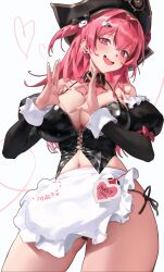 1girl absurdres anngu_nn apron black_corset blue_eyes corset fang goddess_of_victory:_nikke hair_ornament hat hat_ornament highres maid_apron mast_(nikke) mast_(romantic_maid)_(nikke) navel navel_peek official_alternate_costume pink_hair pirate_hat skin_fang skull_collar skull_hair_ornament skull_hat_ornament solo white_wrist_cuffs wrist_cuffs