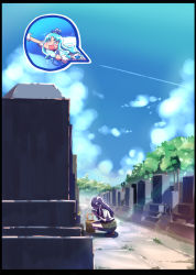 10s 2girls border brooch cloud contrail cure_marine day flying grave graveyard heart heart_brooch heartcatch_precure! jewelry kurumi_erika long_hair magical_girl multiple_girls o_o precure purple_hair scenery school_uniform shimetta_seiya skirt sky squatting tsukikage_yuri