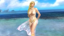 1girl 3d beach blonde_hair blue_eyes braid breasts cleavage dead_or_alive dead_or_alive_5 female_focus helena_douglas highres large_breasts long_hair ocean official_art official_wallpaper solo tecmo