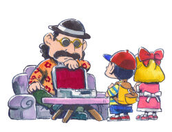 1girl 2boys akahanadragon back_bow backpack bag baseball_cap black_hair blonde_hair bow briefcase couch curly_hair dress everdred_(mother_2) facial_hair floral_print hair_bow hat long_hair mother_(series) mother_2 multiple_boys mustache nessa_(pokemon) nintendo paula_(mother_2) shirt shoes shorts sitting sneakers striped_clothes striped_shirt sunglasses table white_background