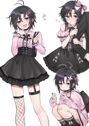 1boy 1girl absurdres aburi-gatana antenna_hair backpack bag bandaid bandaid_on_knee bandaid_on_leg black_bag black_choker black_eyes black_hair black_skirt blush bow cellphone choker drinking earrings grin hair_between_eyes hair_bow hair_ornament hairclip heart heart-shaped_pupils hetero high-waist_skirt highres holding holding_another&#039;s_arm holding_phone idolmaster idolmaster_(classic) jewelry jirai_kei kikuchi_makoto long_sleeves looking_at_viewer mask mask_pull mouth_mask multiple_views open_mouth phone pink_bow pink_shirt shirt short_hair simple_background single_fishnet_legwear single_thighhigh skirt smartphone smile squatting standing symbol-shaped_pupils thigh_strap thighhighs white_background
