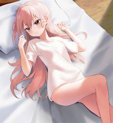 Rule 34 | 1girl, absurdres, arms at sides, bad id, bad pixiv id, breasts, closed mouth, collarbone, floor, hair between eyes, highres, holding, holding own hair, inui sajuna, leg up, light smile, long hair, looking to the side, lying, mk29293, on bed, pillow, pink eyes, pink hair, shirt, short sleeves, small breasts, smile, sono bisque doll wa koi wo suru, t-shirt, thighs, wooden floor