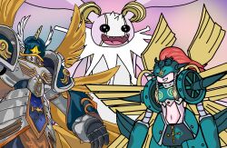 Rule 34 | absurdres, armor, cherubimon, cherubimon (virtue), digimon, digimon (creature), digimon frontier, highres, holy ring, ofanimon, open mouth, seraphimon, sharp teeth, smile, teeth, three great angels, wings