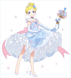 1girl adapted_costume blonde_hair blue_eyes choker cinderella_(disney_character) cinderella_(disney_movie) commentary_request earrings elbow_gloves full_body glass_slipper gloves hair_bun hairband hakusai_(tiahszld) high_heels jewelry looking_at_viewer magical_girl ribbon simple_background single_hair_bun smile solo sparkle staff white_background