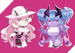 2girls absurdres barghest_(fgo_fes._2025)_(fate) blonde_hair blue_eyes blue_hair breasts chibi china_dress chinese_clothes colored_skin dragon_horns dress fate/grand_order fate_(series) green_nails gumi_(the_eye_of_darkness) hair_bun hat heterochromia highres horns ibuki_douji_(fgo_fes._2025)_(fate) large_breasts long_hair monster_girl multiple_girls oni orange_eyes purple_skin red_eyes sideboob sun_hat tail umbrella