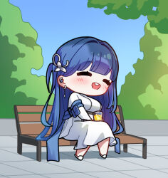 1girl =_= arcana_(nikke) bench blue_hair blue_sky blunt_bangs blush breasts chibi commentary_request crescent crescent_earrings deformed dress earrings glass goddess_of_victory:_nikke hair_ornament highres jewelry korean_commentary large_breasts long_hair long_sleeves outdoors park_bench round_teeth sash shawl shoes sitting sky solo star_(symbol) star_earrings tea teeth tree upper_teeth_only uz_(uzru0428) very_long_hair white_dress white_shawl