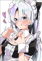 1girl ahoge apron artist_name black_bow bow breasts cleavage closed_mouth duel_masters duel_masters_play&#039;s finger_heart grey_eyes grey_hair hair_bow heart heart_hands highres kanon_(duel_masters) kituneginoe licking_lips light_blush long_hair maid maid_apron maid_headdress medium_breasts rainbow_gradient simple_background smile solo tongue tongue_out upper_body very_long_hair white_hair