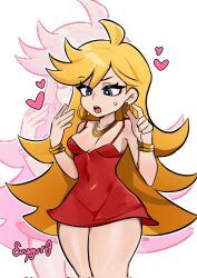 1girl blonde_hair blue_eyes breasts dress earrings evygur0 heart highres jewelry long_hair panty_&amp;_stocking_with_garterbelt panty_(psg) red_dress small_breasts solo