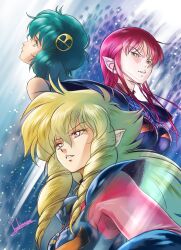 3girls armor artist_name blonde_hair bodysuit boobplate breastplate breasts drill_hair drill_sidelocks evil_smile green_eyes green_hair hair_between_eyes hair_ornament highres iczer-1 iczer-2 iczer_(series) kanou_nagisa long_hair looking_at_another looking_up medium_breasts multiple_girls parted_lips pink_bodysuit pink_eyes pink_hair pointy_ears shoulder_armor sidelocks signature skin_tight smile smiley_hair_ornament tatakae!!_iczer-1 yellow_eyes yoshinaga_masahiro