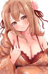 1girl alternate_breast_size ayachanman bare_shoulders blonde_hair blush bra bra_peek breasts cleavage closed_mouth collarbone flower frilled_bra frills hair_flower hair_ornament highres isshiki_iroha japanese_clothes kimono kimono_pull lace lace-trimmed_bra lace_trim large_breasts long_sleeves looking_at_viewer medium_hair off_shoulder pulling_own_clothes red_bra revision simple_background solo underwear upper_body white_background yahari_ore_no_seishun_lovecome_wa_machigatteiru. yellow_eyes yellow_kimono yukata