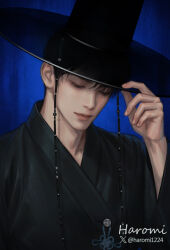 Rule 34 | 1boy, adam&#039;s apple, black hair, black hanbok, closed eyes, closed mouth, eyes visible through hair, gat (hat), gatkkeun, hair over one eye, hanbok, haromi1224, hat, highres, jinu (kpop demon hunters), korean clothes, korean traditional hat, kpop demon hunters, lips, male focus, nose, short hair, signature, solo, upper body