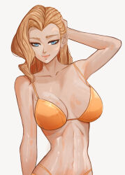 1girl alternate_costume bikini blonde_hair blue_eyes breasts dagger_(marvel) gelldraws highres large_breasts long_hair looking_at_viewer marvel marvel_rivals navel orange_bikini solo swimsuit upper_body white_background