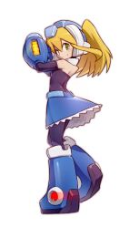 1girl arm_cannon bingshan black_bodysuit black_sleeves blonde_hair blue_boots blue_skirt blush bodysuit boots breasts commentary_request cosplay detached_sleeves from_behind green_eyes high_ponytail highres looking_at_viewer looking_back mega_man_(character) mega_man_(character)_(cosplay) mega_man_(classic) mega_man_(series) mega_man_zx ponytail roll_(mega_man) signature skirt small_breasts solo weapon