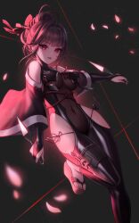 Rule 34 | 1girl, black bodysuit, bodysuit, breasts, brown hair, clothing cutout, commentary, covered navel, detached sleeves, english commentary, falling petals, goddess of victory: nikke, hair ornament, hair stick, highres, holding, holding kunai, holding weapon, korean commentary, kunai, long hair, looking at viewer, medium breasts, mixed-language commentary, official alternate costume, parted lips, petals, pink petals, red eyes, rose petals, sakura (midnight stealth) (nikke), sakura (nikke), sandals, shoulder cutout, smile, solo, standing, standing on one leg, string, toriseru (rare stone), weapon