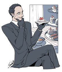 1boy cake collared_shirt commentary cropped_legs crossed_legs cup food formal_clothes fruit gloves hand_on_own_chin hand_up hands_up highres ichigo_beeru invisible_chair jacket limited_palette long_sleeves male_focus mature_male necktie open_mouth plate shirt short_hair signature sitting smile solo strawberry strawberry_shortcake suit swiss_roll symbol-only_commentary table tea teacup tiered_tray tomiiri_junzo toshi_densetsu_kaitai_center white_background