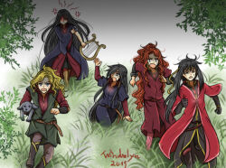 1other 2019 5boys anger_vein angry animal artist_name belt black_hair blonde_hair blue_eyes boots caranthir carrying carrying_under_arm celegorm closed_eyes closed_mouth curufin dated dog elf frown gloves grass harp hidden_eyes holding holding_harp holding_instrument huan_(silmarillion) instrument looking_at_another looking_at_viewer maedhros maglor male_focus multiple_boys open_mouth outdoors pointy_ears prince red_hair robe running scared sleeves_rolled_up sweat sweatdrop the_silmarillion tolkien&#039;s_legendarium wavy_hair windrelyn