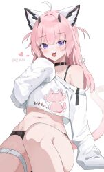 1girl :3 absurdres animal_ears animal_print black_horns black_panties cat_ears cat_girl cat_print cat_tail collar crop_top cropped_shirt fang highres horns invisible_chair long_hair long_sleeves looking_at_viewer navel no_pants off_shoulder open_mouth original panties pink_hair purple_eyes shirt simple_background sitting skin_fang sleeves_past_fingers sleeves_past_wrists smile stomach tail thigh_strap underwear wangmon white_background white_shirt
