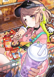 Rule 34 | 1girl, black choker, black visor, blush, chinese commentary, choker, coco (zenless zone zero), colored inner hair, cup, donut bracelet, drink pouch, employee uniform, hat, highres, holding, holding cup, in shopping cart, incoming drink, kkkula (kula), looking at viewer, multicolored eyes, multicolored hair, outdoors, pink nails, pink shirt, polka dot, polka dot shirt, reaching, reaching towards viewer, shirt, shopping cart, short sidetail, sitting, smile, two-tone eyes, visor cap, zenless zone zero