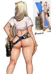 Rule 34 | 1girl, ass, bikini, blonde hair, blue bikini, centi (nikke), centi (ocean repair) (nikke), commentary, english commentary, eyewear on head, goddess of victory: nikke, heart, heart-shaped eyewear, highres, long hair, mommymilkers3k, multiple views, official alternate costume, see-through clothes, see-through shirt, shirt, solo, swimsuit, tan, tanline, thighs, tools, wet, wet clothes, wet shirt, white background, white shirt