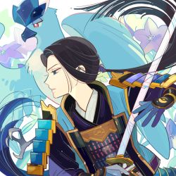 Rule 34 | 1boy, 1girl, akechi mitsuhide (sengoku musou), armor, articuno, bad id, bad pixiv id, black hair, blue eyes, flower, gen 1 pokemon, gloves, japanese armor, kote, kurokote, legendary pokemon, nintendo, nobunaga no yabou, pokemon, pokemon (creature), pokemon conquest, sengoku musou, shoulder armor, sode, sword, ucchii, weapon
