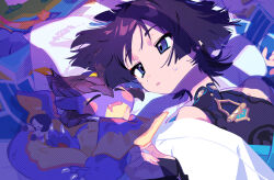 1boy armor black_bodysuit black_bridal_gauntlets blue_kimono blunt_ends blush_stickers bodysuit bridal_gauntlets doll dragon drooling eyeliner eyeshadow fangs fingernails genshin_impact han&#039;eri head_on_pillow highres japanese_armor japanese_clothes kimono kote kurokote layered_kimono looking_at_animal looking_at_another looking_to_the_side lying makeup male_focus mandarin_collar mini_durin_(genshin_impact) mouth_drool off_shoulder on_back open_clothes open_kimono open_mouth pillow purple_eyes purple_hair red_eyeliner red_eyeshadow scaramouche_(genshin_impact) shoulder_peek sleeping small_dragon sweatdrop wanderer_(genshin_impact) white_kimono yzyz630