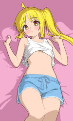 1girl ahoge bare_arms bed_sheet blonde_hair blue_shorts blush bocchi_the_rock! breasts brown_eyes clothes_lift collarbone dr._junyaman highres ijichi_nijika looking_at_viewer lying midriff navel on_back pink_background ponytail_with_braided_base shirt short_shorts shorts side_ponytail small_breasts solo stomach tank_top underboob white_shirt