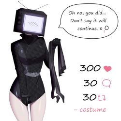 belt black_coat black_gloves black_jacket black_pantyhose blush breasts coat commentary cowboy_shot english_commentary english_text facing_viewer fash gloves grey_belt heart holding holding_unworn_clothes jacket large_breasts long_sleeves object_head pantyhose patterned_clothing pulling_own_clothes shiny_clothes shiny_skin simple_background skibidi_toilet_(series) speech_bubble standing television tv_woman_(skibidi_toilet) twitter_strip_game unworn_pantyhose white_background