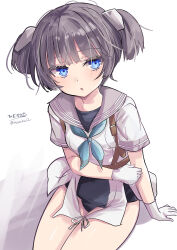 Rule 34 | 1girl, absurdres, aqua neckerchief, blue eyes, blue one-piece swimsuit, gloves, grey hair, grey sailor collar, headgear, highres, hizaka, i-36 (kancolle), kantai collection, looking at viewer, neckerchief, old school swimsuit, one-piece swimsuit, sailor collar, sailor shirt, school swimsuit, shirt, short hair, simple background, sitting, solo, swimsuit, swimsuit under clothes, twintails, twitter username, white background, white gloves