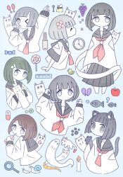 ! !! &gt;_o 6+girls @_@ ^_^ air_bubble analog_clock animal animal_ears apple bird black_hair blue_background blue_eyes blunt_bangs blunt_ends broken_heart brown_eyes brown_hair brown_skirt bubble buttons candle candy cat cat_ears cat_girl cat_tail cathead cherry chick churro clock closed_eyes commentary deformed double_v drinking_straw drinking_straw_in_mouth fish flower food fruit ghost grapes grey_eyes grey_hair hair_flower hair_ornament hairclip heart heart_hands highres holding holding_animal holding_cat holding_juice_box lollipop magnifying_glass multiple_girls neckerchief no_mouth no_nose omochi_noa one_eye_closed original paw_print pill pleated_skirt pudding red_eyes red_flower red_neckerchief ruler school_uniform serafuku simple_background skirt slug snail solid_oval_eyes spoon sweater swept_bangs swirl_lollipop tail upper_body v whipped_cream white_sweater wrapped_candy x_x yellow_eyes