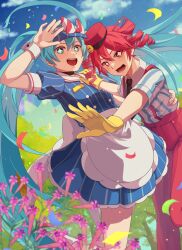 2girls apron arm_up blue_dress blue_hair blue_hat blue_sky bow buttons cloud collared_shirt day double-breasted dress drill_hair flat_chest floating_hair gloves hair_between_eyes hand_on_another&#039;s_chest hand_on_another&#039;s_waist hat hat_bow hatsune_miku highres kasane_teto kepi leaf leaning_back leaning_forward looking_at_viewer lower_teeth_only mesmerizer_(vocaloid) military_hat multiple_girls open_mouth outstretched_arm pants pinstripe_dress pinstripe_hat pinstripe_pattern plant red_bow red_hat red_pants sailor_collar shian726 shirt short_sleeves sky smiley_hat_ornament standing star-shaped_pupils star_(symbol) suspenders symbol-shaped_pupils teeth tongue tree twin_drills twintails two-tone_bow upper_teeth_only utau vocaloid waist_apron white_apron white_bow white_sailor_collar white_wrist_cuffs wing_collar wrist_cuffs yellow_gloves