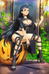 1girl antenna_hair belt_buckle black_boots black_bra black_cape black_hair black_shorts boots bra breasts buckle cape cleavage collarbone day female_focus floating_hair full_body grey_eyes groin high_heel_boots high_heels highres holding holding_scythe holding_weapon ikkitousen kakouen_myousai large_breasts long_hair looking_at_viewer micro_shorts outdoors scythe short_shorts shorts sitting smile solo thigh_strap underwear very_long_hair weapon