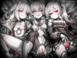 3girls blue_eyes doll_joints eudie_(shadowverse) hetero joints kupa_(jesterwii) long_hair monochrome multiple_girls orchis ralmia_(shadowverse) red_eyes sex shadowverse spot_color