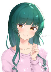 Rule 34 | absurdres, artist name, blunt bangs, brown eyes, cinderella series, closed mouth, collarbone, green hair, hachigatsu no cinderella nine, highres, kotomiya chitose, long hair, long sleeves, looking at viewer, mole, mole under eye, pink shirt, portrait, reisa-aisaka, shirt, sidelocks, simple background, smile, white background