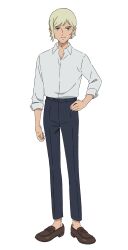 1boy belt black_pants blonde_hair brown_shoes collared_shirt full_body gates_capa green_eyes gundam gundam_gquuuuuux hand_on_own_hip highres loafers looking_at_viewer male_focus official_art pants shirt shoes short_hair simple_background single_sidelock sleeves_rolled_up solo standing transparent_background white_shirt