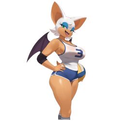 1girl alternate_costume animal_ears bag ball bat_ears bat_girl bat_wings blue_eyeshadow blue_shorts breasts commentary cowboy_shot dolphin_shorts english_commentary eyelashes eyeshadow furry furry_female green_eyes hand_on_own_hip highres holding holding_bag large_breasts makeup orange_fur rouge_the_bat shorts smewed solo sonic_(series) sportswear standing tank_top thighs tongue tongue_out transparent_background volleyball_(object) volleyball_uniform white_fur white_tank_top wide_hips wings