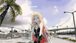 1girl arm_under_breasts backlighting black_camisole black_choker blonde_hair blue_eyes blue_sky blush braid breasts bridge building camisole car choker city cleavage closed_mouth cloud cloudy_sky colored_inner_hair commentary day hair_between_eyes hair_over_shoulder highres ia_(rocks)_(vocaloid) ia_(vocaloid) kabuyama_kaigi lamppost long_hair looking_at_viewer motor_vehicle multicolored_hair outdoors palm_tree pleated_skirt power_lines red_hair red_skirt road side_braids skirt sky small_breasts solo spaghetti_strap tree urban vocaloid