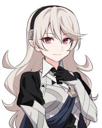 1girl black_hairband blue_cape cape female_corrin_(fire_emblem) fire_emblem fire_emblem_fates grey_hair hair_between_eyes hairband highres long_hair looking_at_viewer nintendo pointy_ears red_eyes shinae smile solo