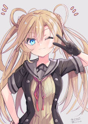1girl absurdres abukuma_(kancolle) abukuma_kai_ni_(kancolle) black_gloves blonde_hair blue_eyes double_bun gloves grey_background grey_sailor_collar hair_between_eyes hair_bun hair_rings hand_on_own_hip highres hizaka jacket kantai_collection long_hair neck_ribbon one_eye_closed red_ribbon ribbon sailor_collar short_sleeves signature simple_background solo upper_body v