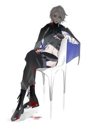 Rule 34 | 1girl, absurdres, arm tattoo, asymmetrical bangs, belt, belt buckle, black belt, black boots, black gloves, black jacket, black pants, blazer, blood, blood in hair, blood on clothes, blood on face, blood on hands, boots, buckle, closed mouth, commentary request, crossed legs, expressionless, fingerless gloves, full body, gloves, grey lips, highres, jacket, jacket on shoulders, lace-up boots, light frown, lipstick, makeup, midriff, multiple belts, navel, o-ring, o-ring belt, on chair, pale skin, pants, path to nowhere, purple eyes, purple jacket, shadow, short hair, side slit, simple background, sitting, solo, stomach tattoo, tattoo, toho10min, two-sided fabric, two-sided jacket, white background, white hair, zoya (path to nowhere)