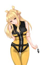 Rule 34 | 1girl, absurdres, arm behind back, black eyes, blonde hair, bodysuit, breasts, character charm, charm (object), highres, lipstick, looking at viewer, makeup, medium breasts, no pupils, sentai daishikkaku, sentouin d, sidelocks, simple background, sleeveless, sleeveless bodysuit, solo, standing, suzukiri yumeko, white background, yellow bodysuit, yugeno xxx