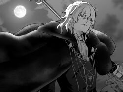1boy ascot cloud cloudy_sky coat expressionless formal_clothes full_moon fur_coat gloves hair_between_eyes holding holding_weapon long_hair looking_ahead male_focus metarogu monochrome moon night night_sky sky tsukihime tsukihime_(remake) upper_body vampire vlov_arkhangel weapon white_hair