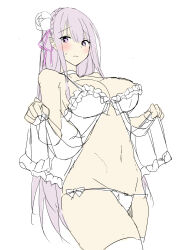 1girl 2022 20s bare_shoulders blush bow braid breasts cleft_of_venus elf emilia_(re:zero) flower frills grey_hair hair_ornament hair_ribbon highres large_breasts lingerie long_hair looking_at_viewer minato_yoshihiro navel panties pointy_ears purple_eyes purple_ribbon re:zero_kara_hajimeru_isekai_seikatsu ribbon rose simple_background sketch solo standing stomach thick_thighs thighhighs thighs underwear very_long_hair white_background white_panties wide_hips