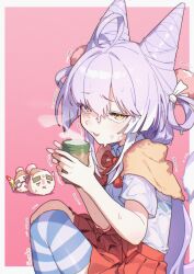 Rule 34 | 1girl, absurdres, ahoge, cup, fox girl, fox tail, hair rings, highres, holding, holding cup, long hair, miniskirt, neck ribbon, parted lips, pink background, purple hair, red ribbon, red skirt, ribbon, sake goroke, shirt, short sleeves, skirt, solo, stellive, striped clothes, striped thighhighs, tail, tea, tenko shibuki, thighhighs, white shirt, yellow eyes