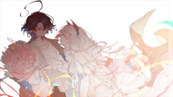 1boy 1girl absurdres arknights black_hair bouquet dongsheng dress flower head_wings highres irene_(arknights) long_hair looking_at_another lumen_(arknights) pointy_ears white_dress white_hair wings
