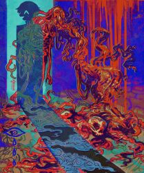 1boy ^_^ abstract alleesaur artist_name blood blood_on_wall blue_background body_horror closed_eyes colorful drop_shadow eldritch_abomination extra_eyes food highres meat open_mouth organs original ribs shadow skull surreal tears