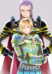 Rule 34 | 2boys, aqua eyes, armor, black armor, black cape, blonde hair, cape, commentary request, crossed arms, dragon quest, dragon quest xi, facial hair, gold trim, greig (dq11), grey background, hair slicked back, hands on own hips, height difference, homeros (dq11), katori (katokichi), knight, long hair, looking at viewer, low ponytail, male focus, multiple boys, ponytail, purple facial hair, purple hair, red cape, single bang, smile, two-sided cape, two-sided fabric, upper body, white armor, white cape, yellow eyes