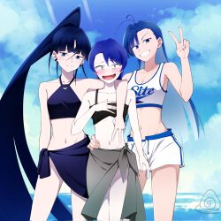 3girls ado_(utaite) ahoge atashi_wa_mondaisaku bikini blue_bikini blue_eyes blue_hair blush breasts closed_mouth collarbone commentary_request earrings flat_chest hair_between_eyes hand_on_another&#039;s_hip highres jewelry long_hair medium_breasts merry_(ado) multiple_girls naima_(ado) navel nori_(norinori_yrl) open_mouth pale_skin readymade_(ado) shorts stomach swimsuit tanaka_keiko_(ado) tank_top usseewa very_long_hair white_shorts white_tank_top