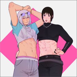 alternate_costume arm_around_waist arms_up bandaid bandaid_on_face belt black_eyes black_hair black_shirt bracelet contemporary cropped_jacket cropped_shirt half-closed_eyes hand_on_own_hip hoozuki_suigetsu jacket jewelry long_sleeves multicolored_jacket multiple_boys nail_polish naruto_(series) naruto_shippuuden navel_piercing piercing purple_eyes ring sai_(naruto) shirt short_hair smile suika_suigetsu sunglasses_on_head tongue tongue_out tongue_piercing tooth_sticking_out_of_mouth white_background white_hair